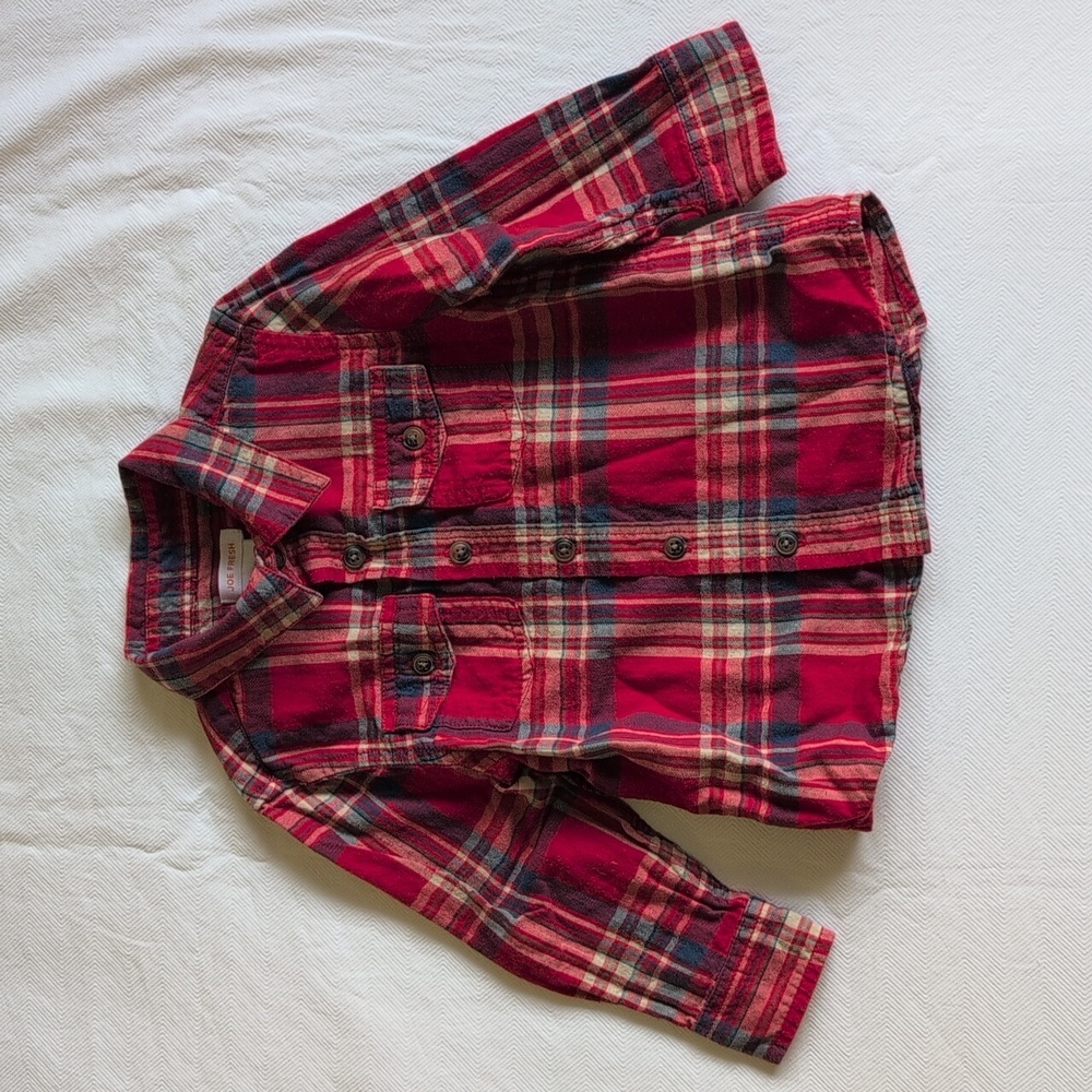 joe fresh red plaid cotton flannel button down shirt 18-24 months baby boy